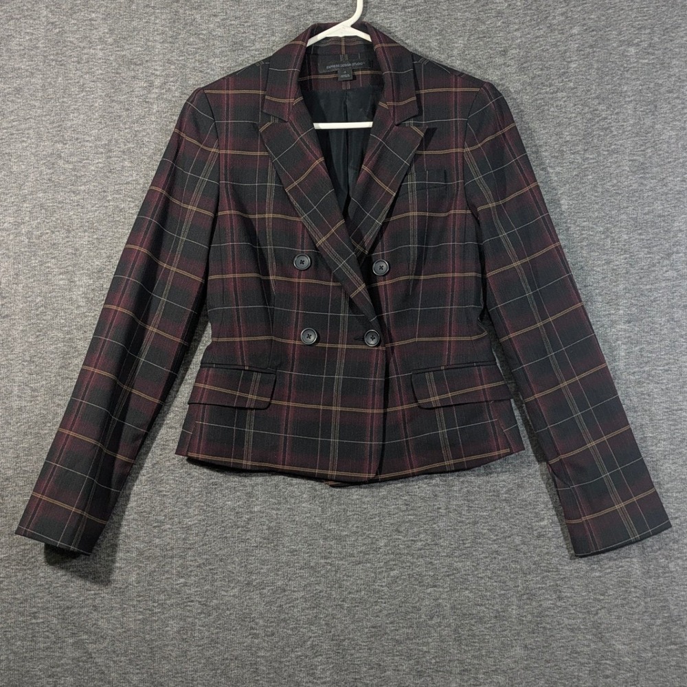 Express Design Studio Womens Burgundy Plaid Double Breasted Blazer Jacket Size 4